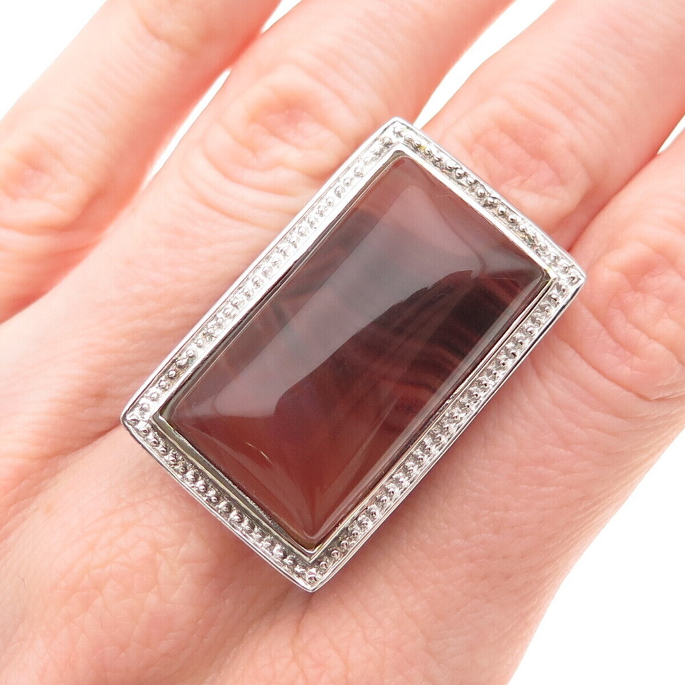 Ken Crafts 925 Sterling Silver Vintage Real Agate Ornate Ring Size 7.25